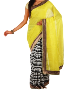 Greenish Yellow Jute Printed Half And Half Sarees
