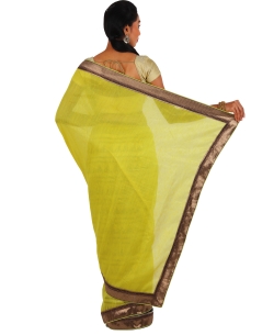 Greenish Yellow Jute Printed Half And Half Sarees