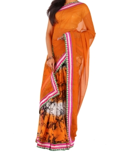 Orange Chiffon Printed Border Sarees