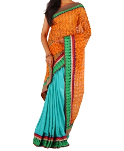 Orange Tissue Brasso Style Half And Half Sarees