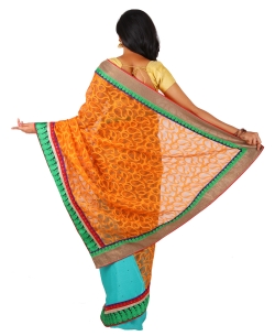 Orange Tissue Brasso Style Half And Half Sarees