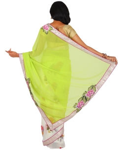 Lime Green Chiffon Printed Half And Half Sarees