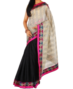 Black Jute Printed Half And Half Sarees