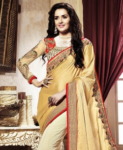 Beige And Cream Georgette Embroidered Half And Half Sarees