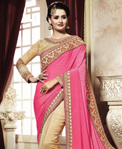 Hot Pink And Beige Viscose Embroidered Half And Half Sarees