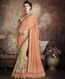 Peach And Beige Chinon, Net Embroidered Half And Half Sarees