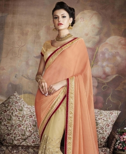 Peach And Beige Chinon, Net Embroidered Half And Half Sarees