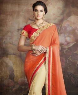 Orange And Beige Georgette Embroidered Half And Half Sarees