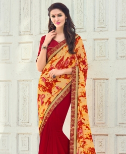 Yellow And Red Georgette Printed Half And Half Sarees