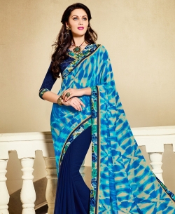 Blue Georgette Printed Half And Half Sarees