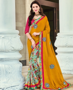 Mustard And Turquoise Georgette Patch Work Half And Half Sarees