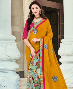 Mustard And Turquoise Georgette Patch Work Half And Half Sarees