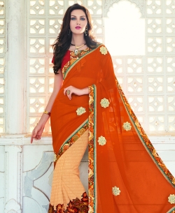 Orange Georgette Patch Work Half And Half Sarees