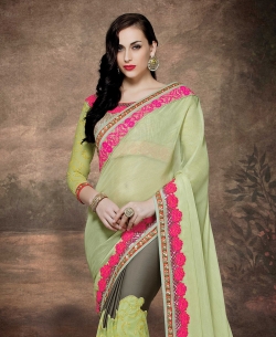 Green Chiffon, Net Cut Work Half And Half Sarees