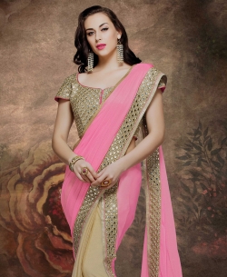 Pink And Beige Silk, Georgette Mirror Work Half And Half Sarees