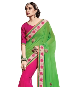 Pink And Green Georgette, Chiffon Embroidered Half And Half Sarees