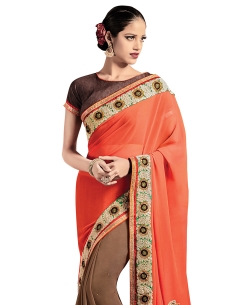 Orange And Brown Georgette, Chiffon Embroidered Half And Half Sarees