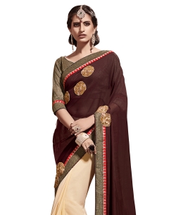 Brown And Cream Nazneen Embroidered Half And Half Sarees
