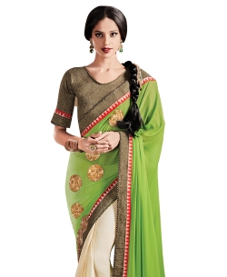 Green And Cream Nazneen Embroidered Half And Half Sarees