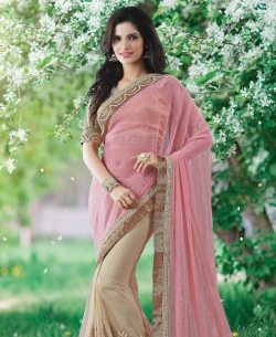 Pink And Beige Lycra, Net Embroidered Half And Half Sarees