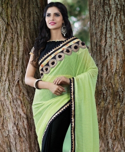 Black And LightGreen Lycra, Net Embroidered Half And Half Sarees