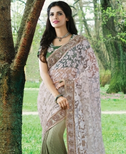 Green And OffWhite Brasso, Brocade Embroidered Half And Half Sarees