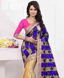Cream And Blue Brocade Foil Printed Half And Half Sarees