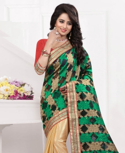 Cream And Green Brocade Foil Printed Half And Half Sarees