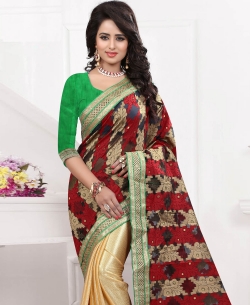 Cream And Maroon Brocade Foil Printed Half And Half Sarees