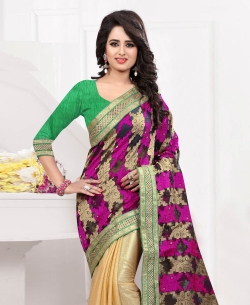 Cream And Pink Brocade Foil Printed Half And Half Sarees