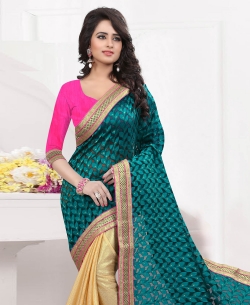 Cream And Teal Brocade Foil Printed Half And Half Sarees