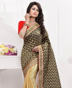 Cream And Black Brocade Foil Printed Half And Half Sarees