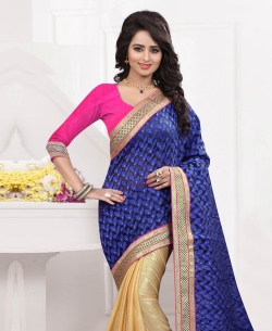 Cream And Blue Brocade Foil Printed Half And Half Sarees