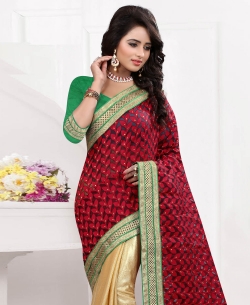 Cream And Red Brocade Foil Printed Half And Half Sarees