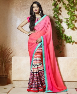 Pink Silk, Chiffon Digital Printed Half And Half Sarees