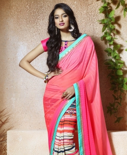 Pink Silk, Chiffon Digital Printed Half And Half Sarees