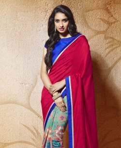 Pink And Blue Crepe, Silk Digital Printed Half And Half Sarees