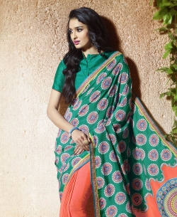 Green And Orange Crepe, Silk Digital Printed Half And Half Sarees