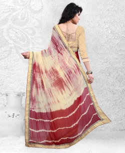 Cream And Red Georgette Bandhani, Bandhej Half And Half Sarees