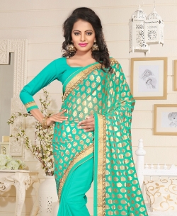 Sea Green Lycra, Georgette Stones, Crystals Half And Half Sarees