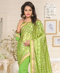 Green Lycra, Georgette Stones, Crystals Half And Half Sarees