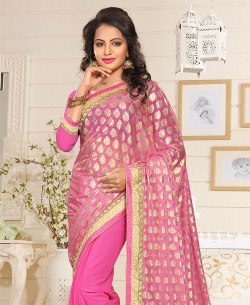 Pink Lycra, Georgette Stones, Crystals Half And Half Sarees