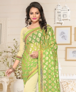 Green And Beige Lycra, Georgette Stones, Crystals Half And Half Sarees