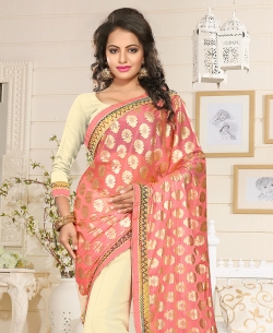 Peach And Beige Lycra, Georgette Stones, Crystals Half And Half Sarees
