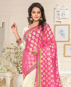 Pink And Beige Lycra, Georgette Stones, Crystals Half And Half Sarees