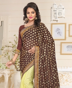 Brown And Yellow Lycra Lace Style Half And Half Sarees