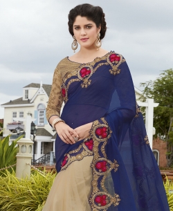Beige And NavyBlue Georgette, Net Embroidered Half And Half Sarees