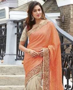 Beige And Orange Georgette, Net Embroidered Half And Half Sarees