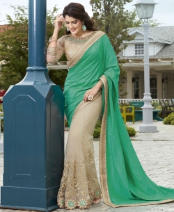 Beige And Green Georgette, Net Embroidered Half And Half Sarees