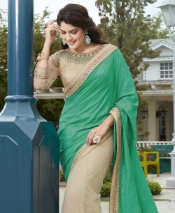 Beige And Green Georgette, Net Embroidered Half And Half Sarees
